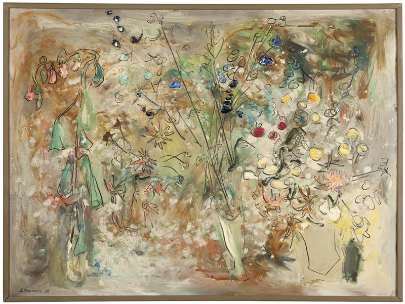 Sterling Boyd Strauser (1907-1995 East Stroudsbur: Floral Composition, signed and dated lower left: Strauser 67, acrylic on masonite, 36'' x 48'', est:$1000/2000.