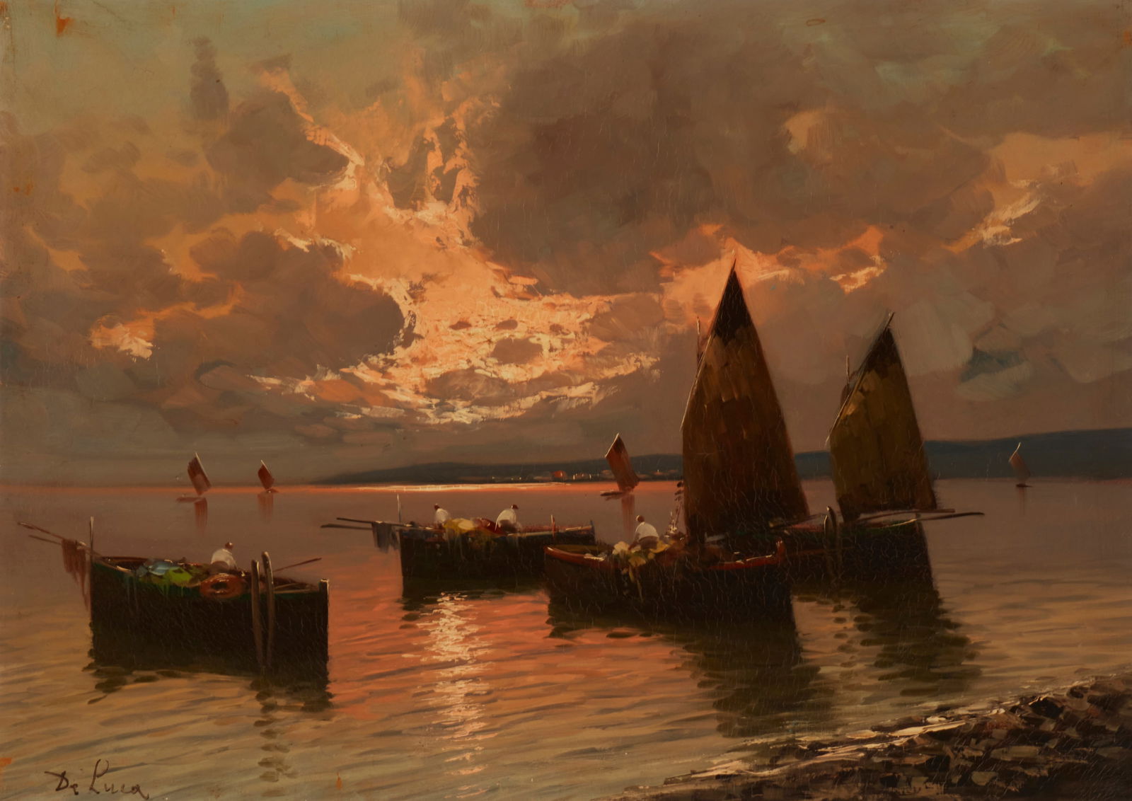 Arturo De Luca (1885-1971), Fishing boats at sunset, Oil on canvas, 19.5" H x 27.5" W (1 of 6)