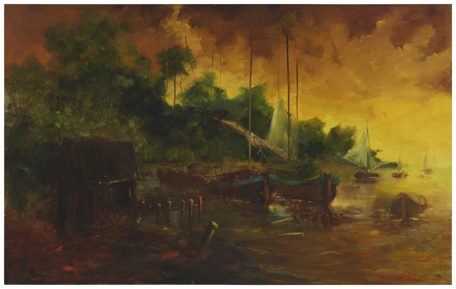 Maria Del Carmen Calvo (1937-2019), Boats at dock, Oil on Masonite, 58" H x 36" W (1 of 5)