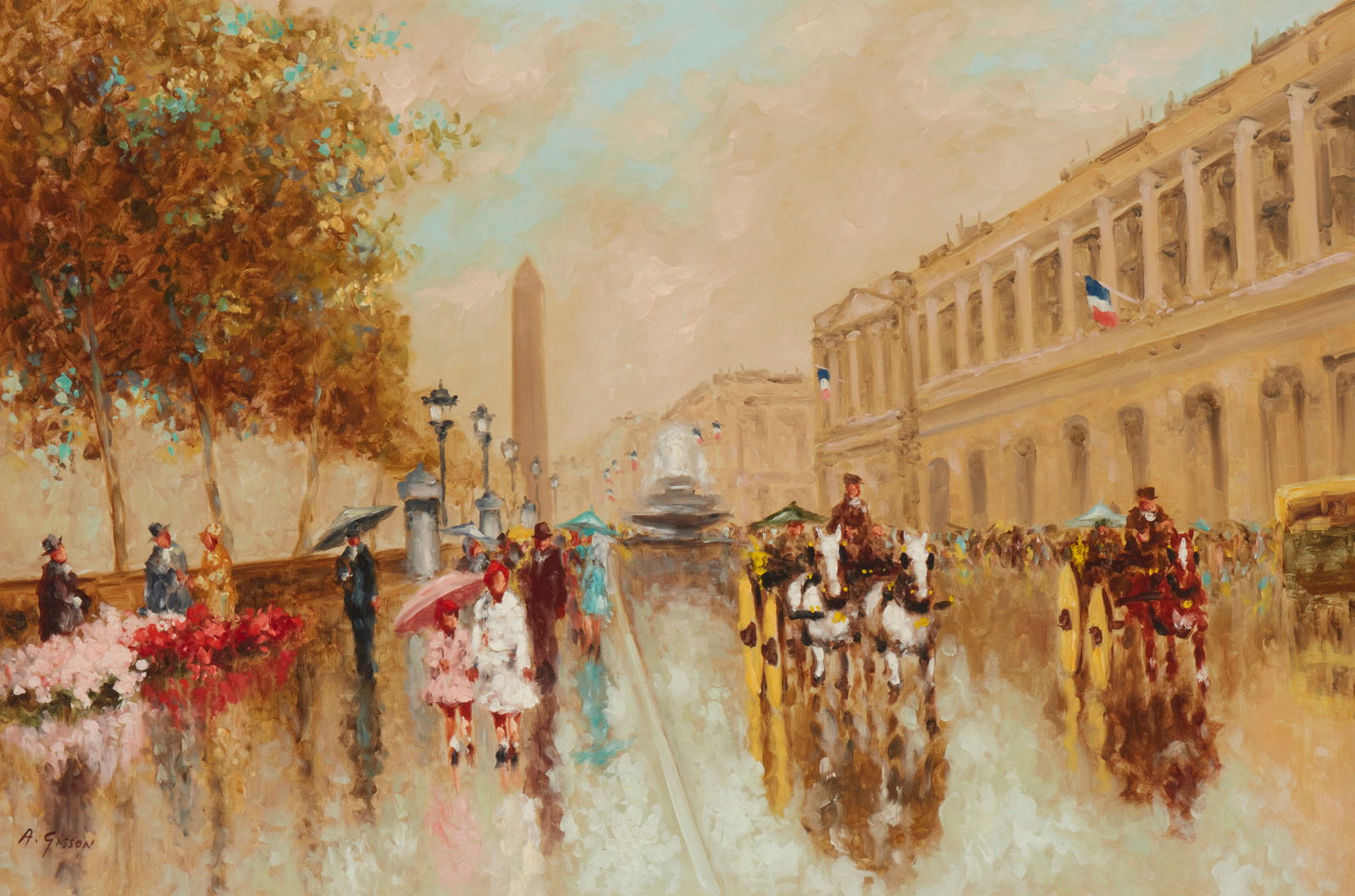 Andre Gisson (1921-2003), Parisian street scene in the rain, Oil on canvas, 23.5" H x 36" W (1 of 6)