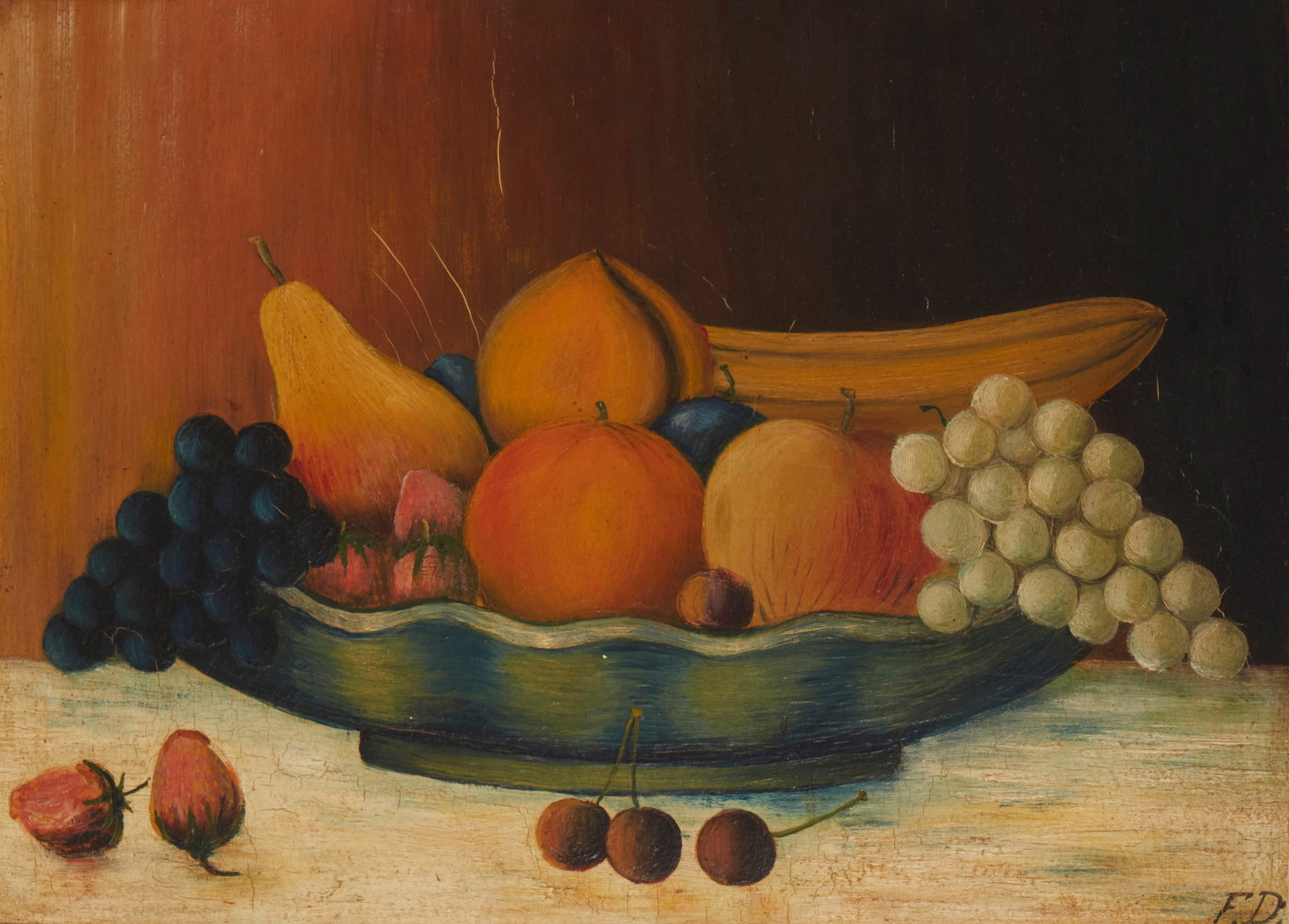 19th Century Folk Art Style, Still life with bowl of fruit, Oil on board, 12" H x 16.25" W: 19th Century Folk Art Style Still life with bowl of fruit Oil on board Initialed lower right: F.D. 12" H x 16.25" W