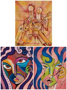 Ricardo Maya (b. 1969), Two figures playing instruments, Pink and purple abstract portrait, and Blue: Ricardo Maya (b. 1969)Three works:Two figures playing instrumentsMixed media on paper laid to foamboardSigned along the lower right edge: Ricardo MayaSight: 10.75" H x 9" WPink and purp