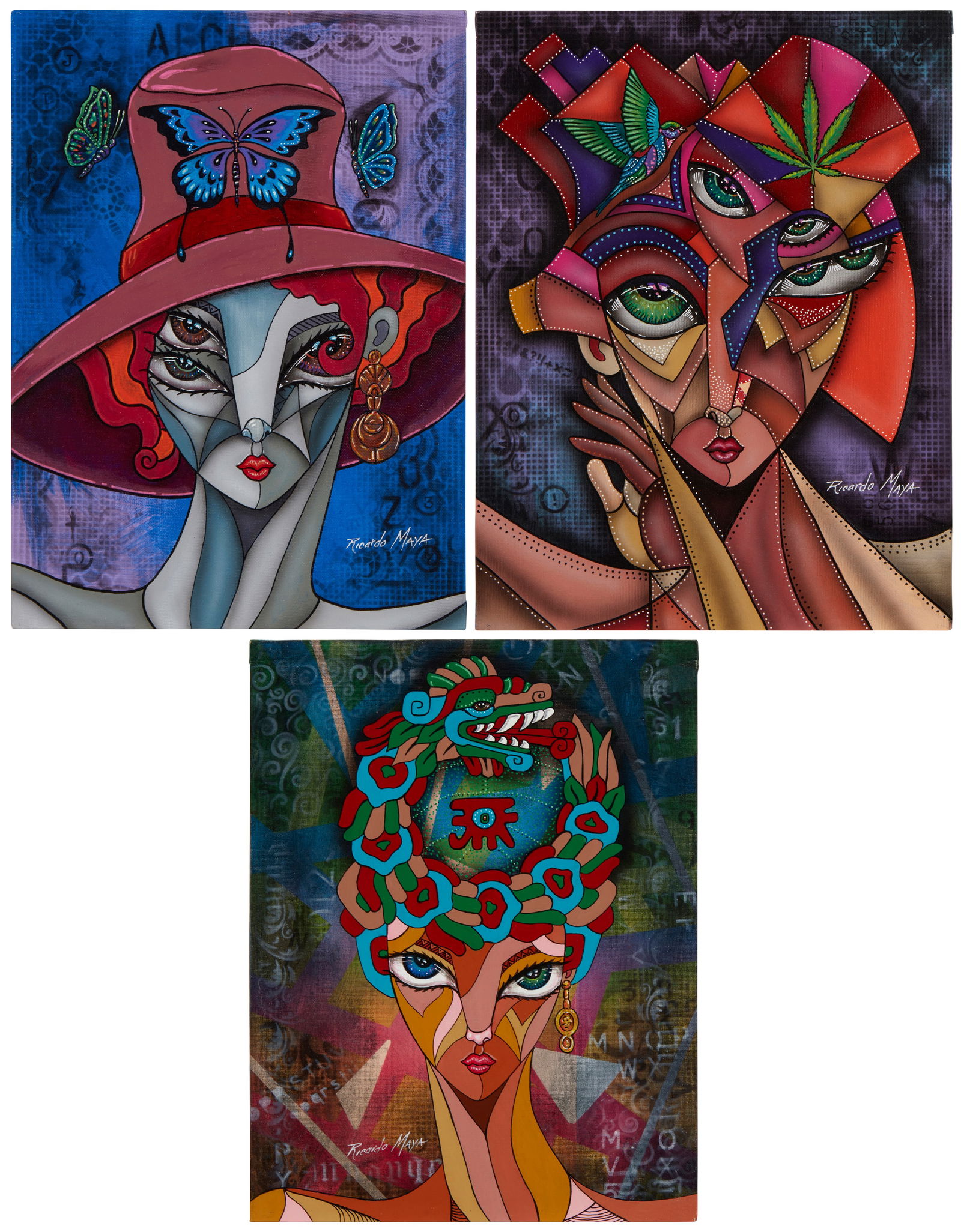 Ricardo Maya (b. 1969), Three paintings of women with animal hats, Acrylic on artist's board, Each: Ricardo Maya (b. 1969)Three works:Woman with butterfly hatAcrylic on artist's boardSigned lower right; signed again and with the artist's thumbprint16" H x 12" WWoman with a bird hat