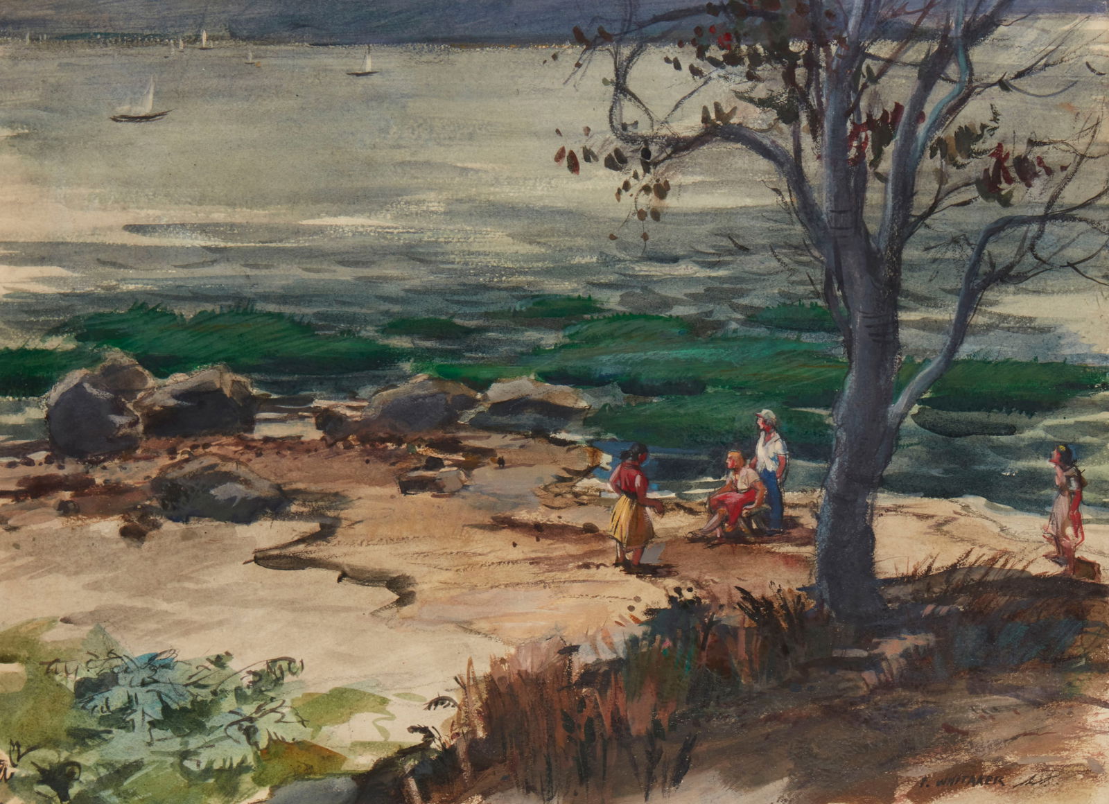Frederic Whitaker (1891-1980), "Down By The Sea," Watercolor on paper, Sight: 15.5" H x 21.5" W (1 of 6)