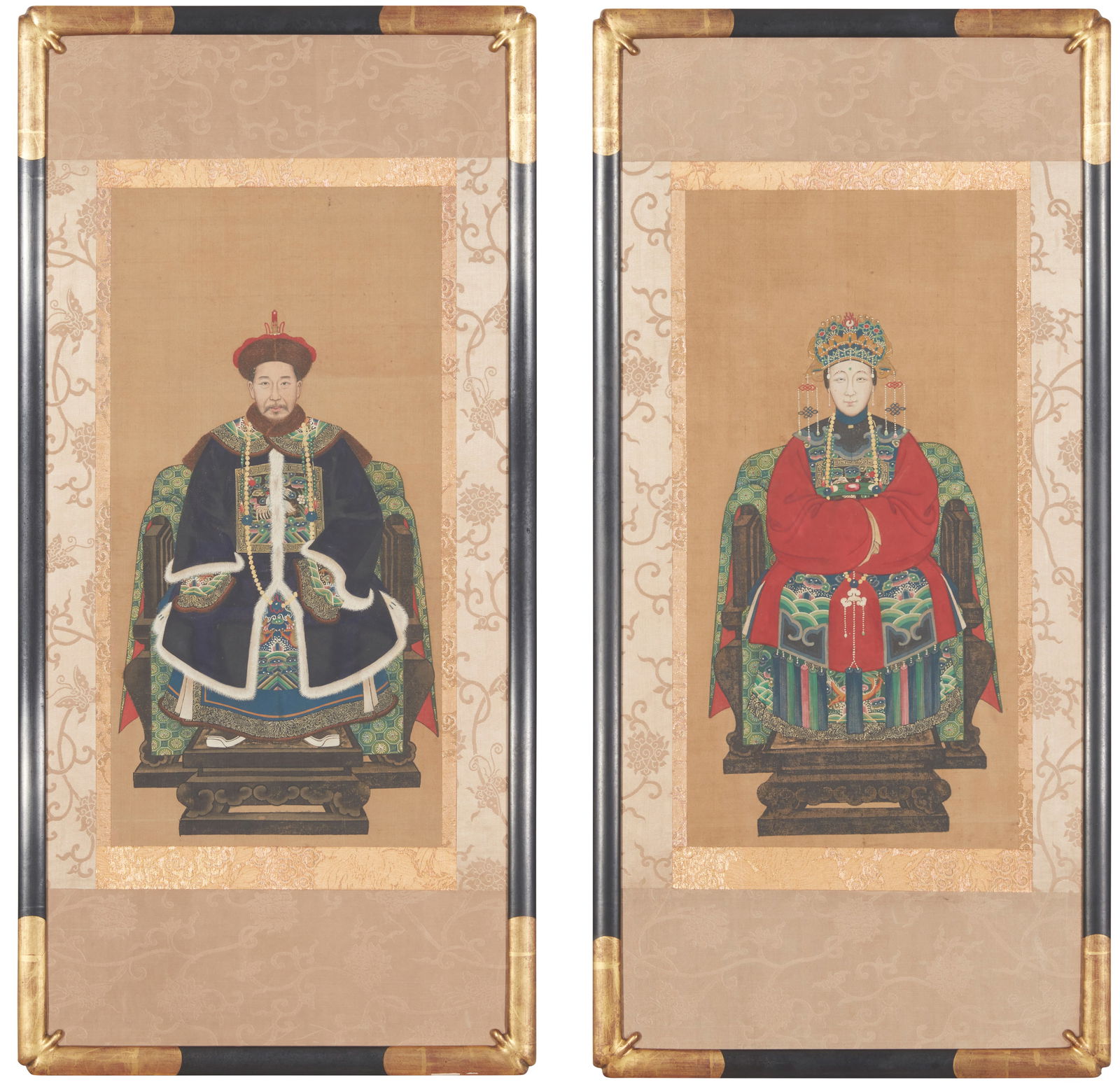 20th Century or Later Chinese School, Pair of ancestor scroll panel paintings, Paint on silk with (1 of 6)