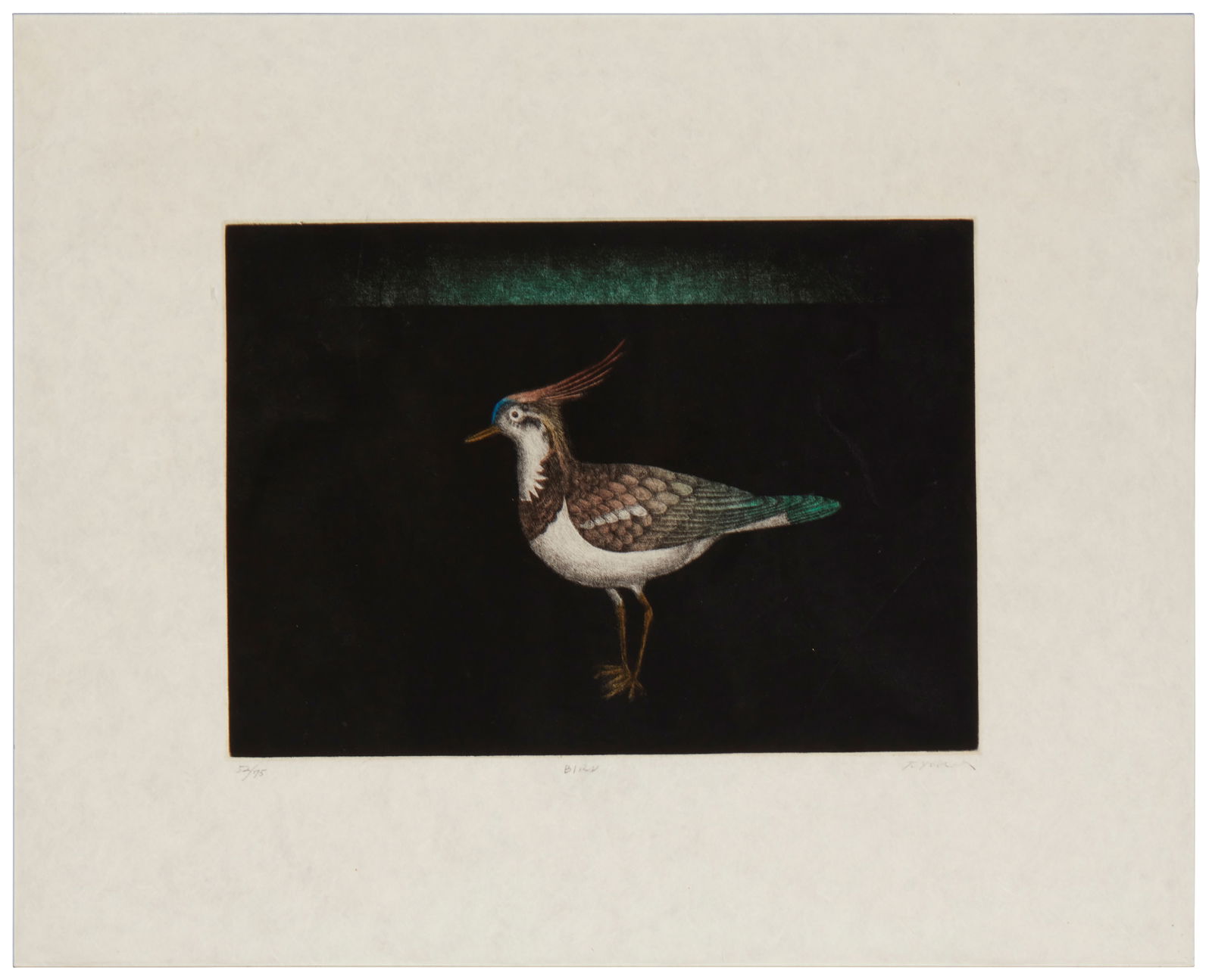 Tomoe Yokoi (b. 1943), "Bird," Mezzotint in colors on Japon paper, Plate: 9.5" H x 14" W; Sight: (1 of 9)