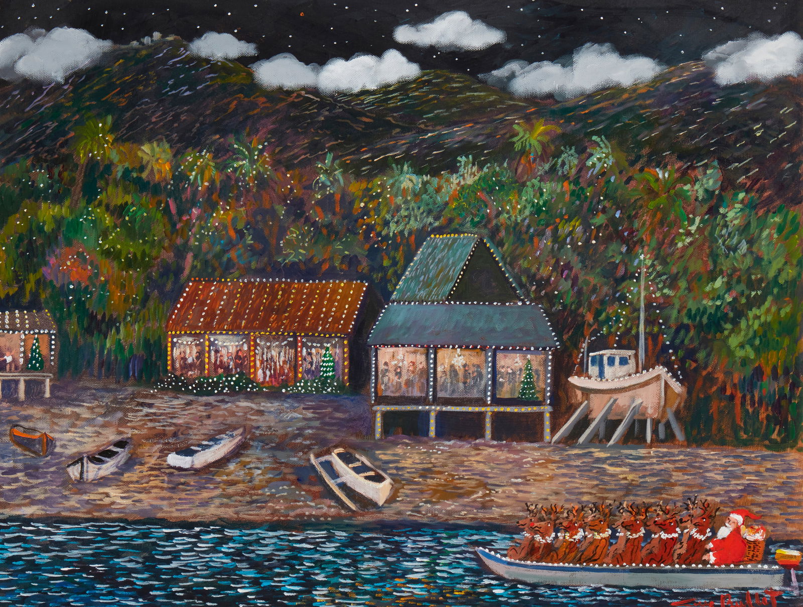 Guy Buffet (b. 1943), Santa & Reindeer in boat by the shore, Acrylic on canvas, 24.75" H x 30.75" W (1 of 6)