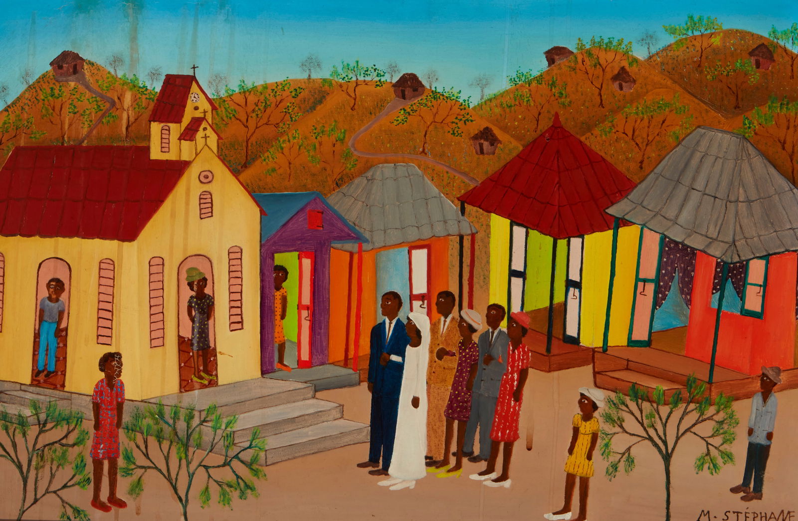 Micius Stephane (1912-1996), Marriage procession, Oil on Masonite, 16" H x 24.25" W: Micius Stephane(1912-1996)Marriage processionOil on MasoniteSigned lower right: M. Stephane16" H x 24.25" W