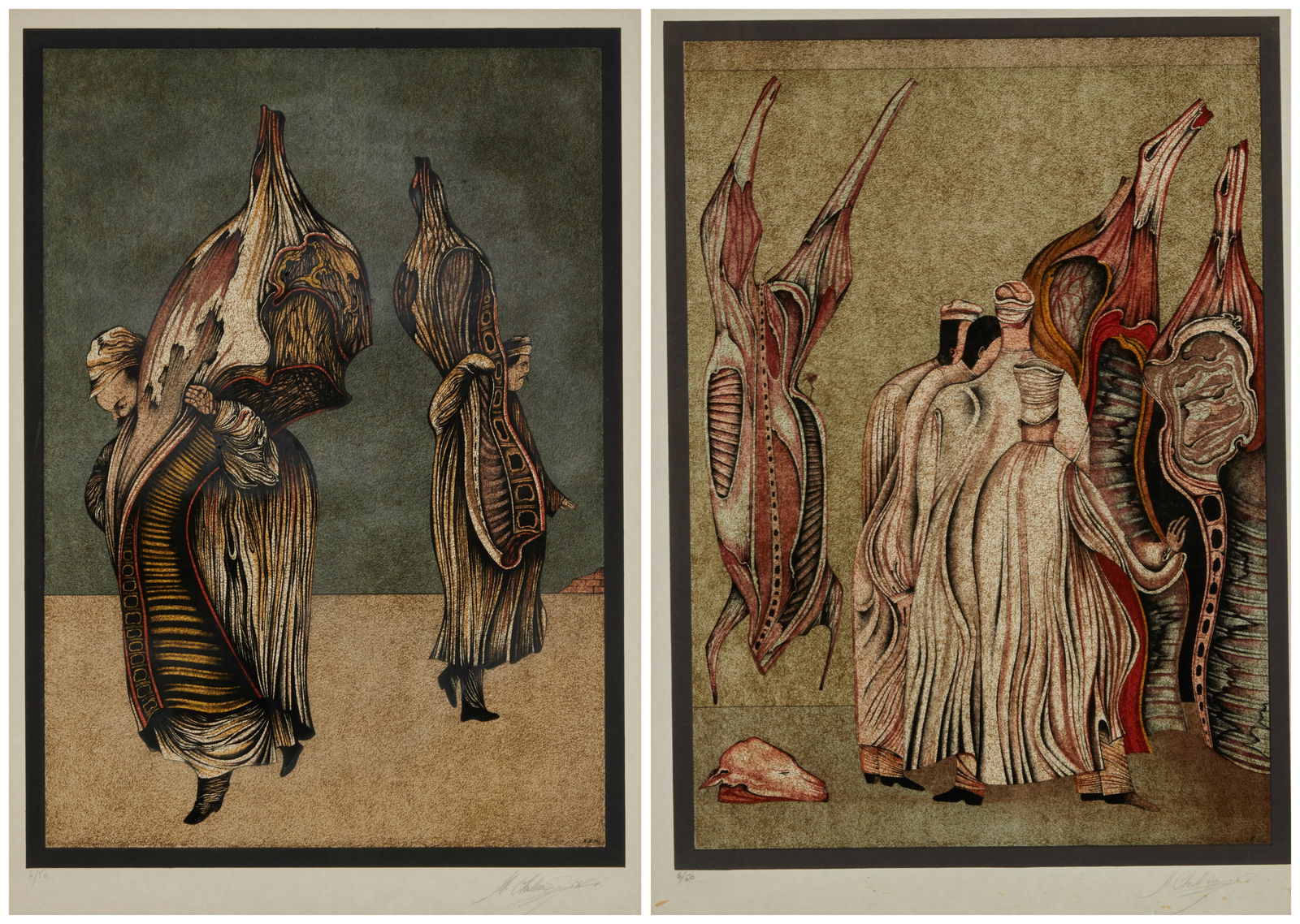 Mihail Chemiakin (b. 1943), "Butchers of Paris (2 Butchers)," Lithograph in colors on paper, Image:: Mihail Chemiakin (b. 1943)Two Works:"Butchers of Paris (2 Butchers)"Lithograph in colors on paperEdition: 6/50Signed and numbered in pencil in the lower margin: M. ChemiakinImage: 25.25"