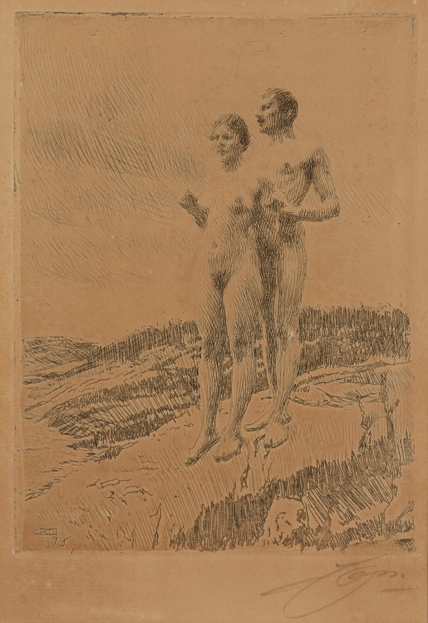 Anders Zorn (1860-1920), "The Two," 1916, Etching on paper, Plate: 7.75" H x 5.75" W; Sight: 9" H x (1 of 6)