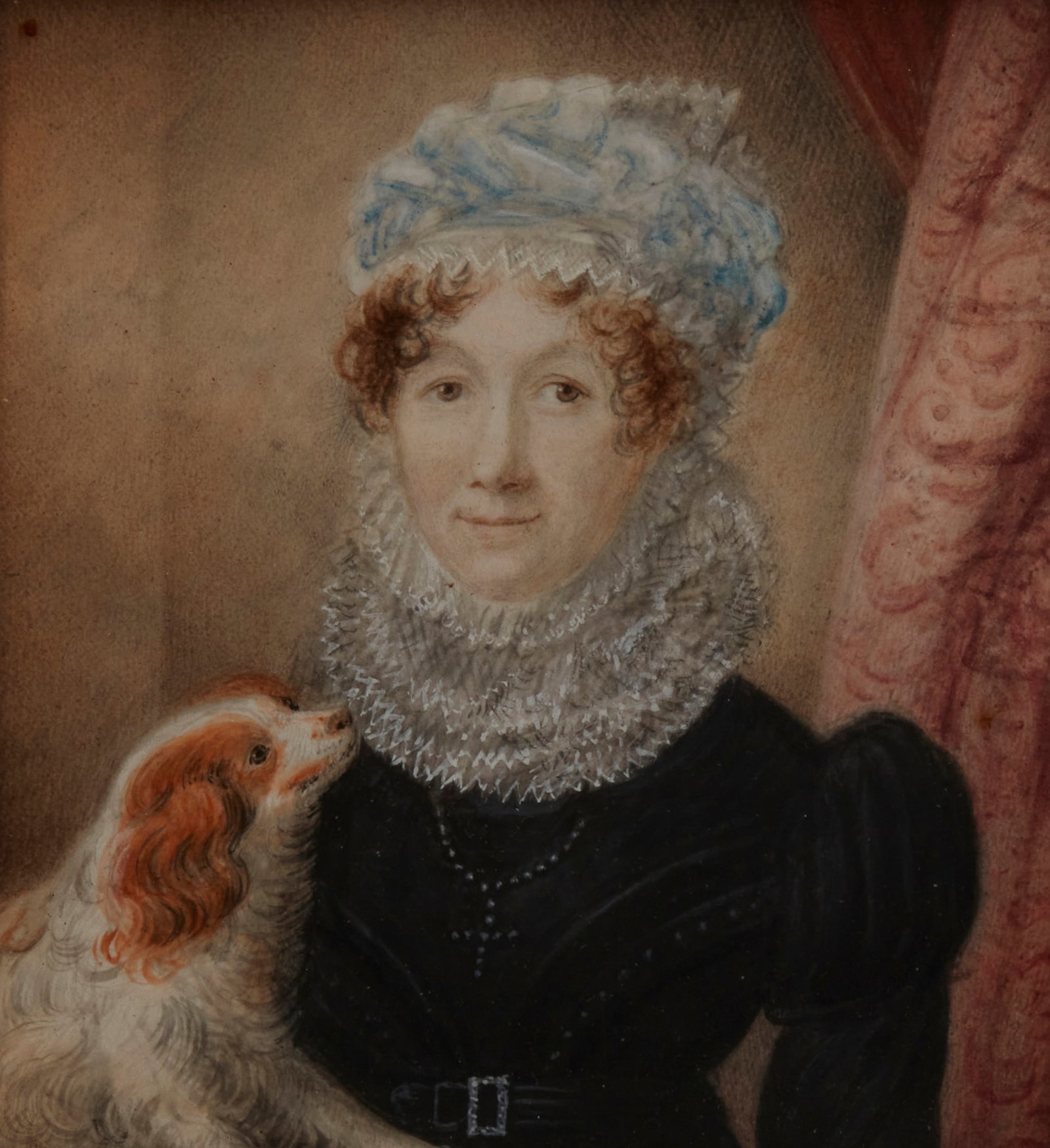 19th Century English School, Gentlewoman with lace and spaniel dog, Mixed media on panel, Sight:: 19th Century English School Gentlewoman with lace and spaniel dog Mixed media on panel Appears unsigned Sight: 5.625" H x 5.25" W