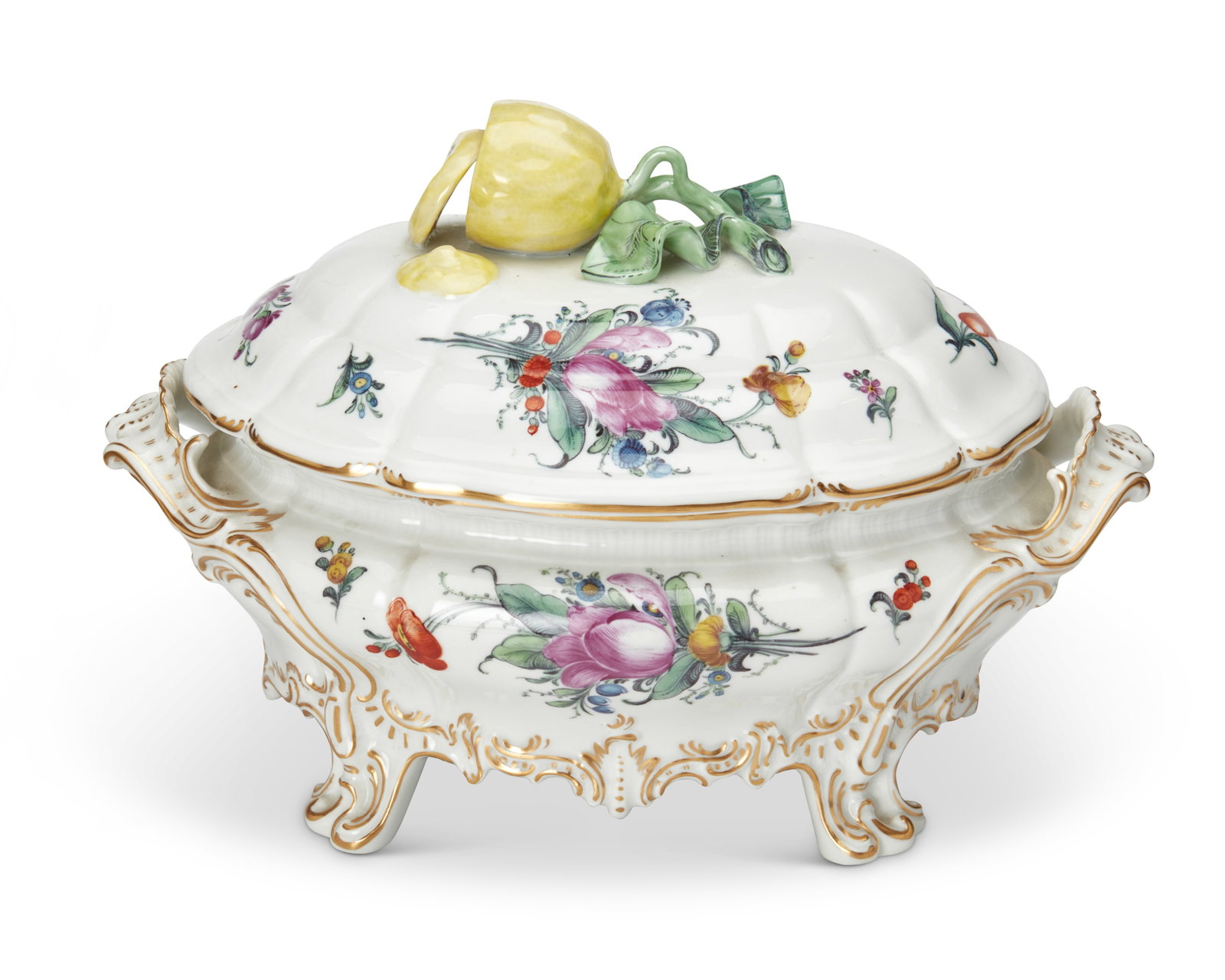 A German Nymphenburg porcelain soup tureen: A German Nymphenburg porcelain soup tureen Circa 1930s; Munich, Germany Marked to underside: [crest] / Nymphenburg The painted porcelain footed and lidded tureen with painted floral motifs and gilt ac