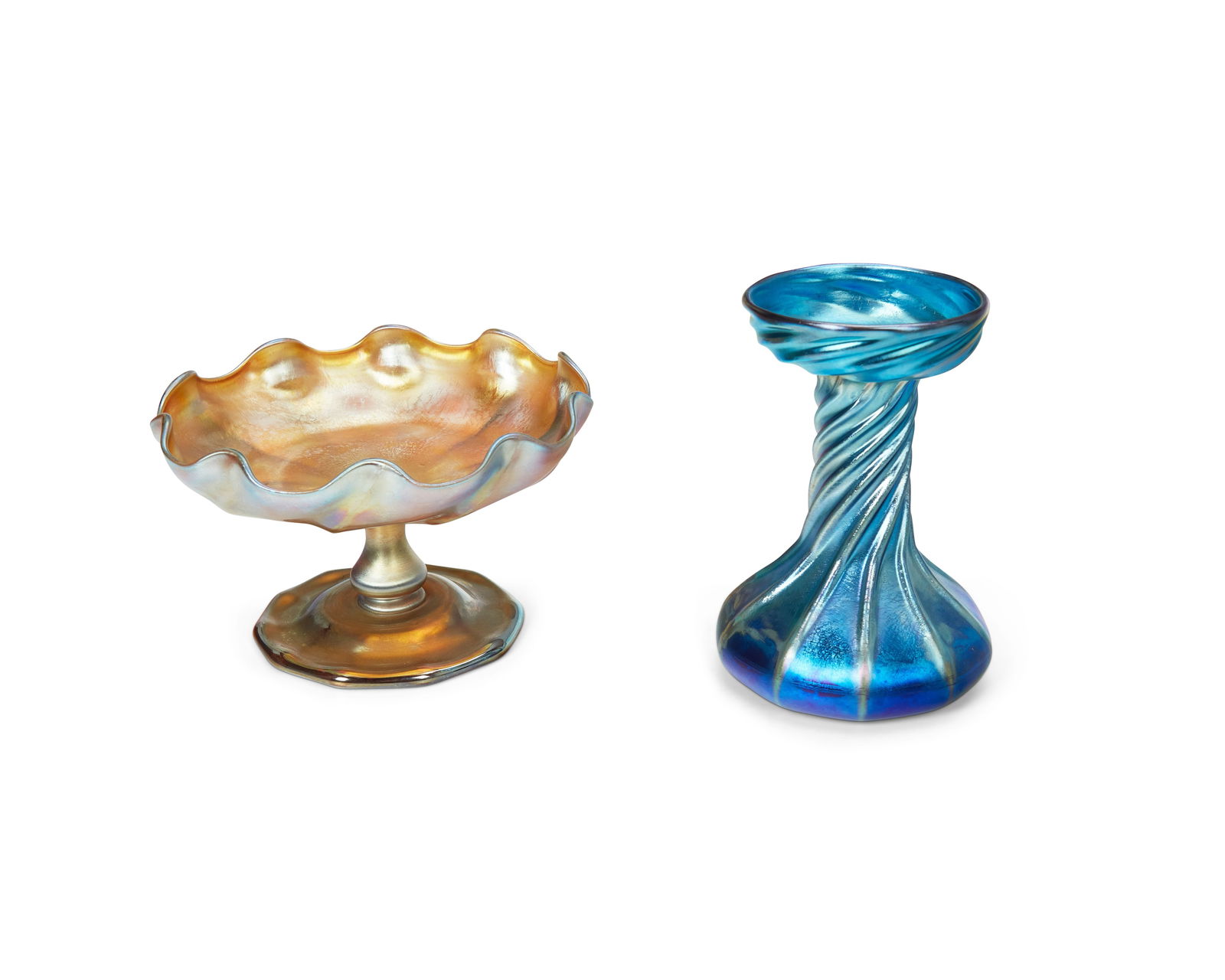 Louis Comfort Tiffany (1848-1933), Two Favrile glass table items, circa 1892-1919, Candlestick: 5" H (1 of 6)