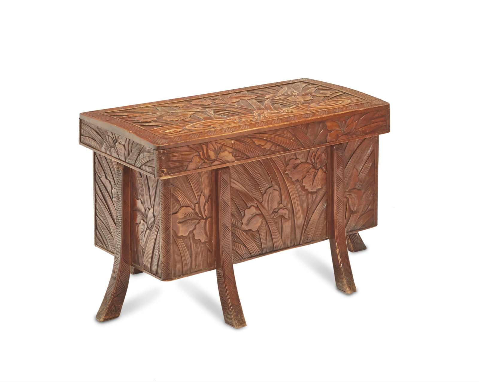 A Y. Hayashi for Liberty & Co. "Japonisme" chest: A Y. Hayashi for Liberty & Co. "Japonisme" chest Early 20th century With burn mark: Y. Hayashi / Nikko The lidded wood chest with hand-carved iris flowers with elements of Arts & Crafts and 