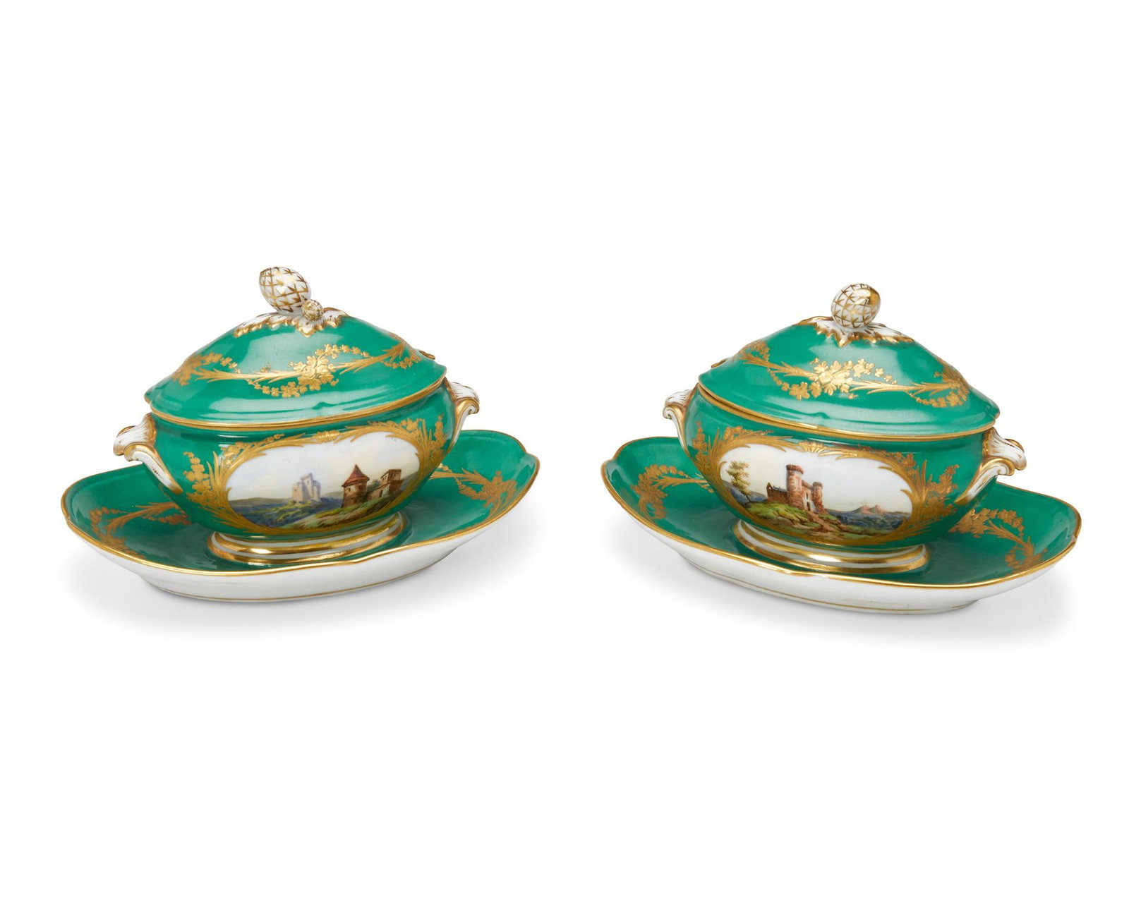 A pair of Sevres-style porcelain sauce tureens: A pair of Sevres-style porcelain sauce tureens 19th century Each marked with blue overglaze double "L" mark Each glazed porcelain centering reserves of castles against a green ground, each w