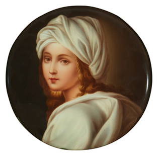 An Italian porcelain portrait plaque: An Italian porcelain portrait plaqueEarly 20th centuryMarked on the verso with a red Florentine Crest backstamp and 764Depicting Beatrice Cenci within an ornate giltwood framePortrait: 6.25" Dia.