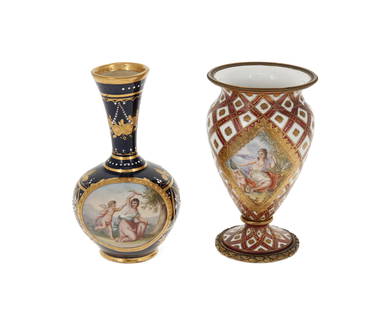 Two small Continental porcelain cabinet vases: Two small Continental porcelain cabinet vasesTwo works:A Royal Vienna portrait vaseLate 19th centuryMarked with blue painted Bindenschild; signed: Riemer; inscribed in German in black: Amor's [illegib