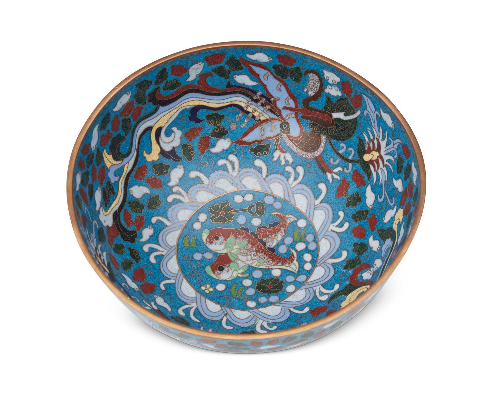 A Chinese cloisonnE bowl: A Chinese cloisonnE bowl 20th century Marked to the underside bearing an apocryphal reign mark for Qianlong Period (1736-1795) The polychrome enamel and brass bowl with an interior featuring two drago
