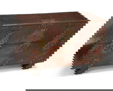 A small Korean blanket chest: A small Korean blanket chestEarly/mid-20th centuryAppears unmarkedThe footed storage chest with a front padlocked, hinged access panel and decorative metalwork17.5" H x 29.5" W x 14" D
