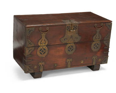 A small Korean blanket chest: A small Korean blanket chestEarly/mid-20th centuryAppears unmarkedThe footed storage chest with a front padlocked, hinged access panel and decorative metalwork17.5" H x 29.5" W x 14" D