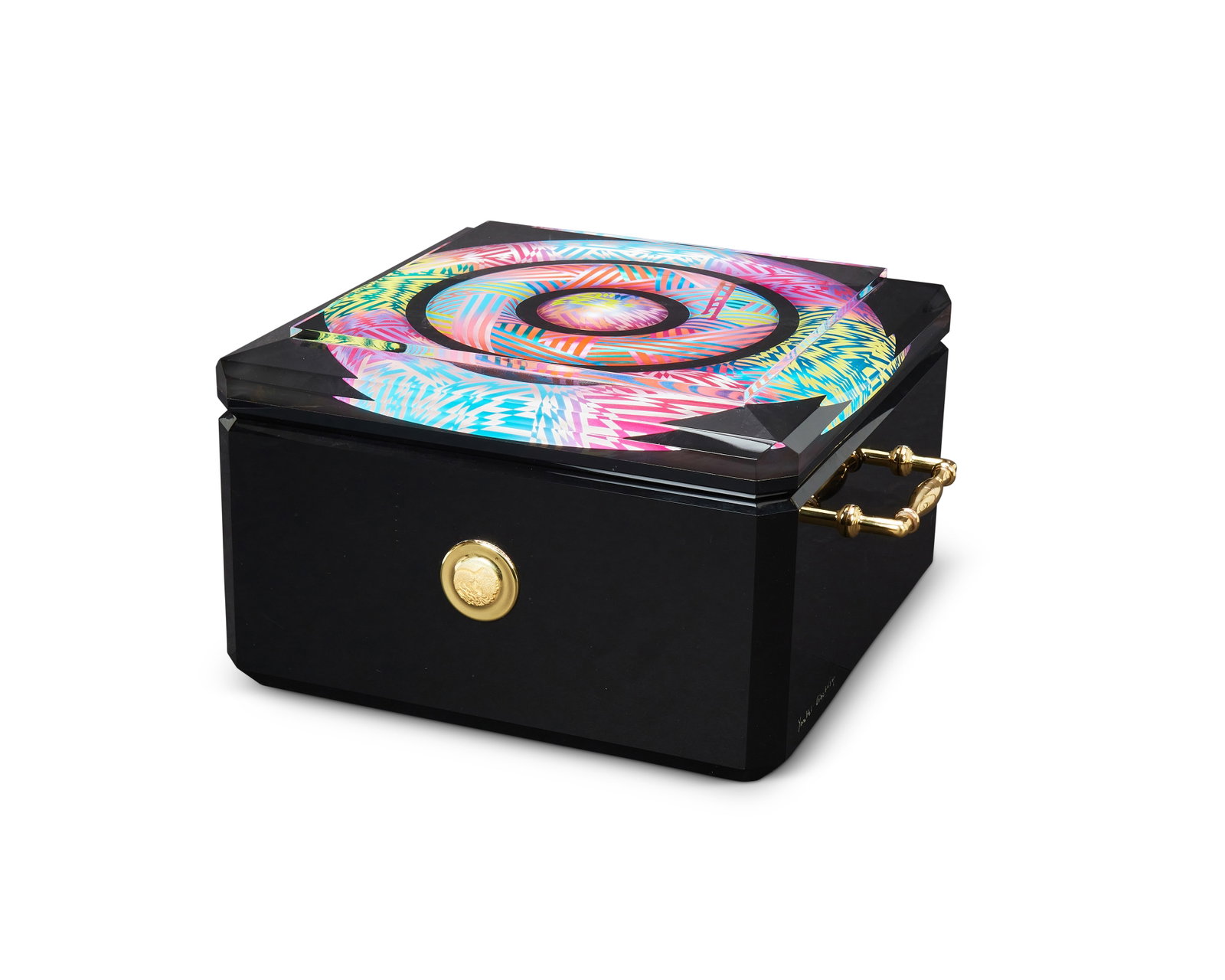 Yankel Ginzburg (b. 1945), Music Box, Acrylic, metal, and pigment, 8" H x 12" W x 13" D: Yankel Ginzburg (b. 1945) Music Box Acrylic, metal, and pigment Signed to the left lower edge: Yankel Ginzburg 8" H x 12" W x 13" D Other Notes: The box plays a cover of the song "