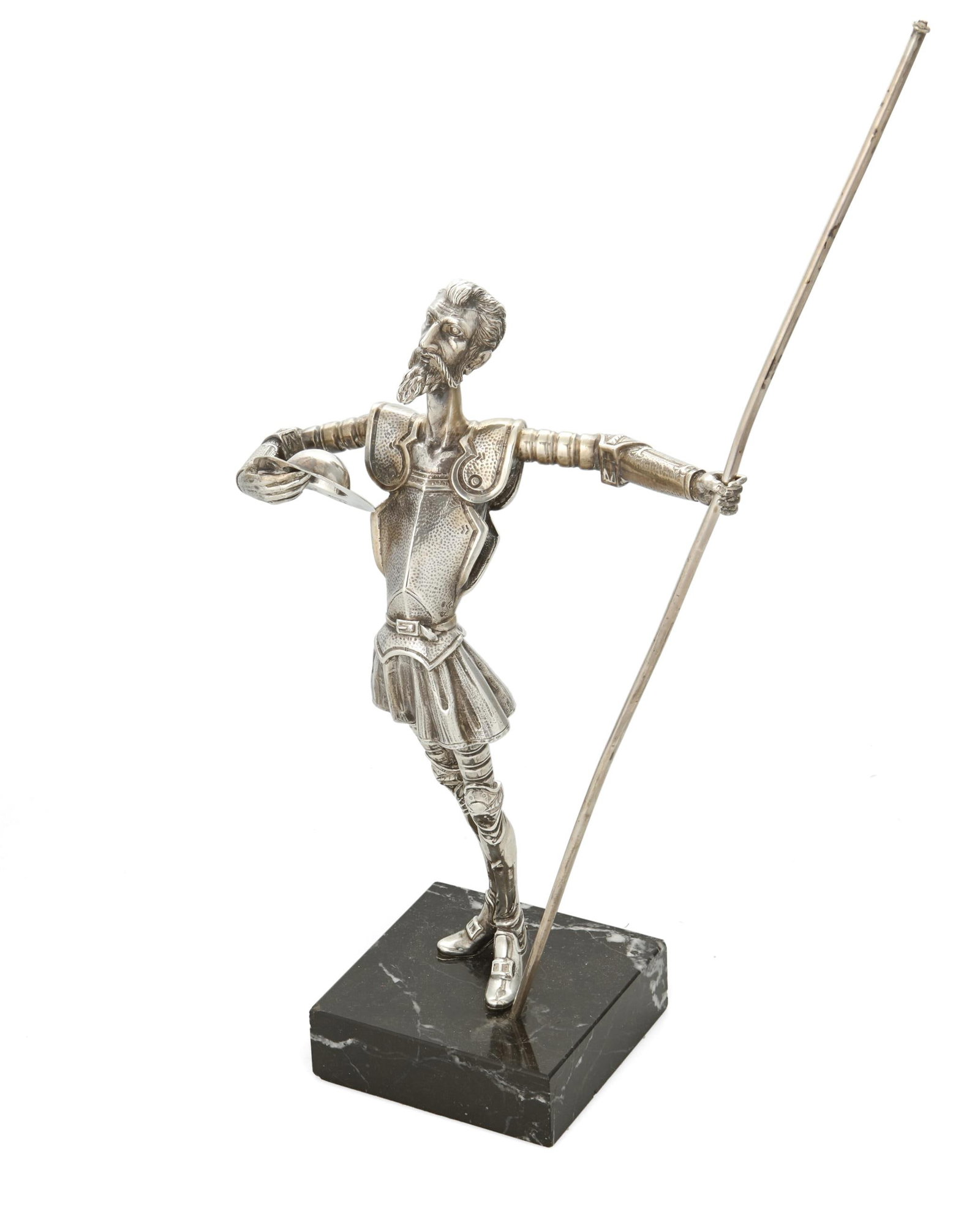 A contemporary silver knight sculpture: A contemporary silver knight sculpture 20th century Marked: Silver [possibly "GENA"] / [star in an oval] Depicting a Spanish-style knight, possibly Don Quixote, on a marble base Overall: 16&