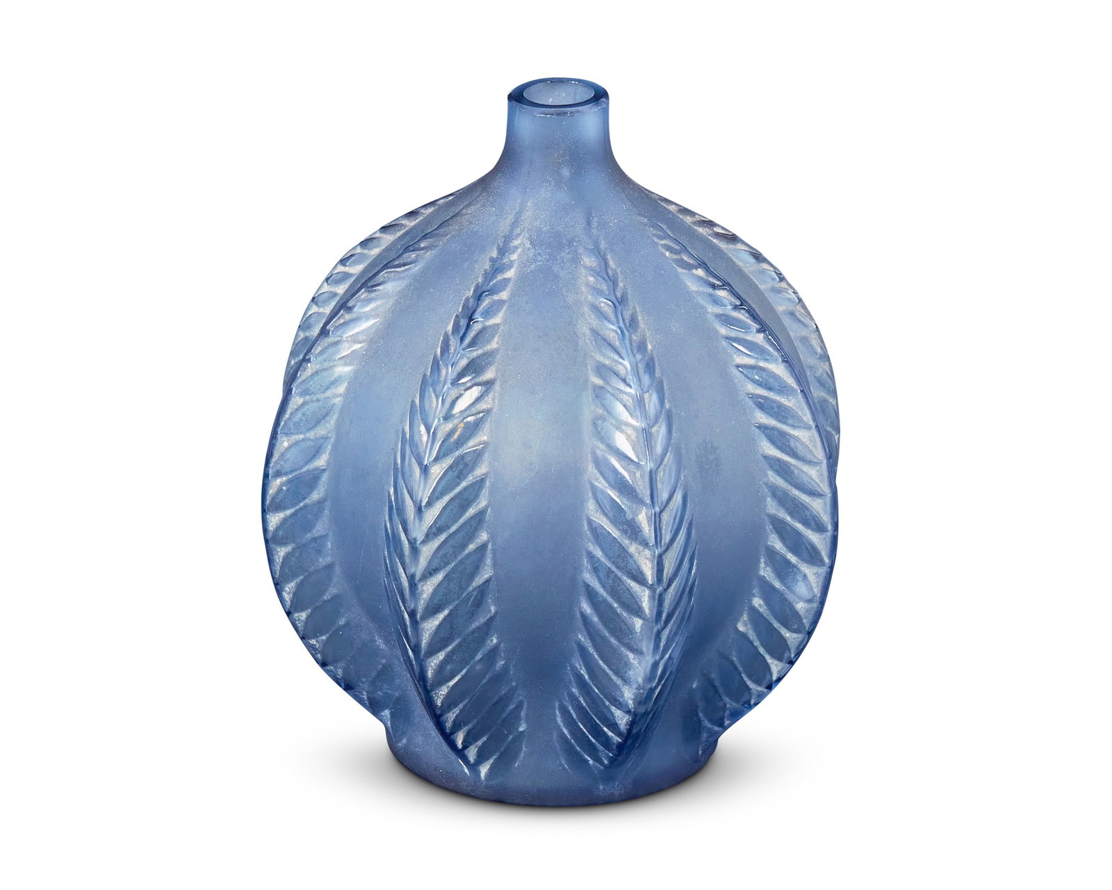 A bud vase after Lalique: A bud vase after Lalique Mid-20th century With spurious stencil mark to underside: R. Lalique The glass bottle after the "Maline" vase, with fern form vertical ribs 4.75" H x 4" Di