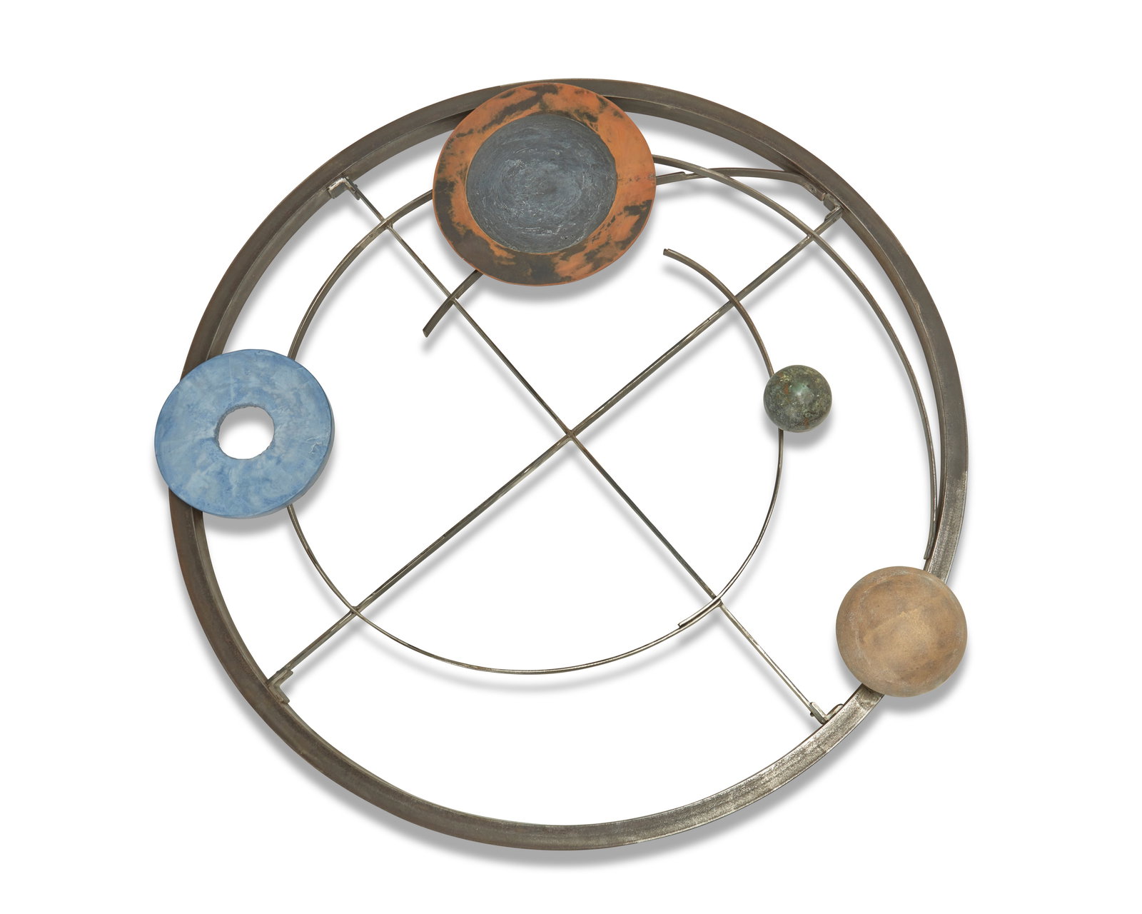 Michael Davis (b. 20th century), "Disc #2," 1988, Copper, steel, cement and gold leaf, 54" Dia.: Michael Davis(b. 20th century)"Disc #2," 1988Copper, steel, cement and gold leafInitialed, titled, and dated on the verso of the blue disc54" Dia. Provenance: Estate of Dr. Sanford Kauf