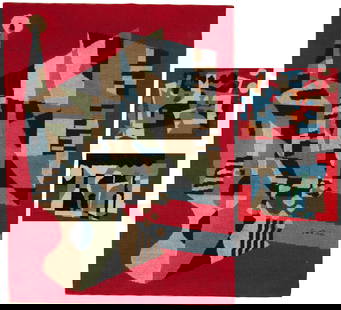 Three needlework tapestries in the manner of Stuart Davis: Three needlework tapestries in the manner of Stuart DavisMid/late 20th centuryLargest with stitched signatureComprising a large geometric abstract needlepoint tapestry in the manner of Stuart Davis (1