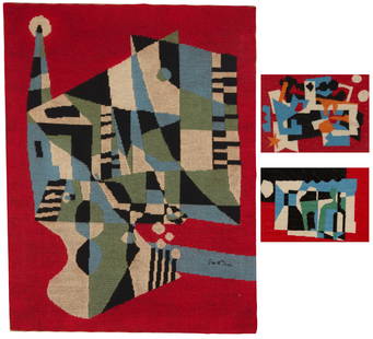 Three needlework tapestries in the manner of Stuart Davis: Three needlework tapestries in the manner of Stuart DavisMid/late 20th centuryLargest with stitched signatureComprising a large geometric abstract needlepoint tapestry in the manner of Stuart Davis (1