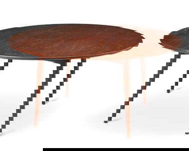 Hans Wegner (1914-2007), A dining room table for Andreas Tuck, mid-20th century, 28.625" H x 59": Hans Wegner (1914-2007)A dining room table for Andreas Tuck, mid-20th centuryBurn marked to underside: Fabrikat Andr Tuck / Arkitect Hans J Wegner / Denmark / Made in DenmarkThe circular table with te