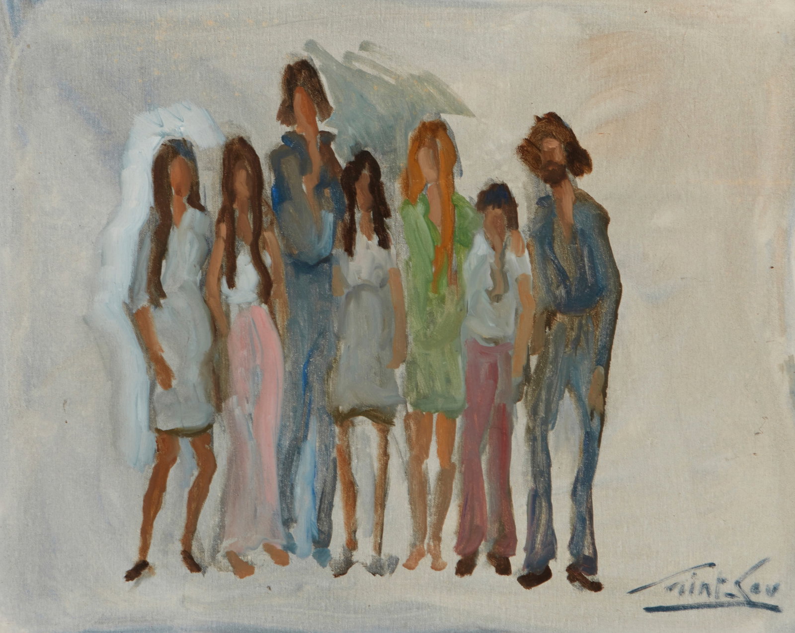 20th Century Expressionist Style, A group of seven people, Oil on canvas, 24" H x 30" W: 20th Century Expressionist Style A group of seven people Oil on canvas Signed indistinctly lower right 24" H x 30" W