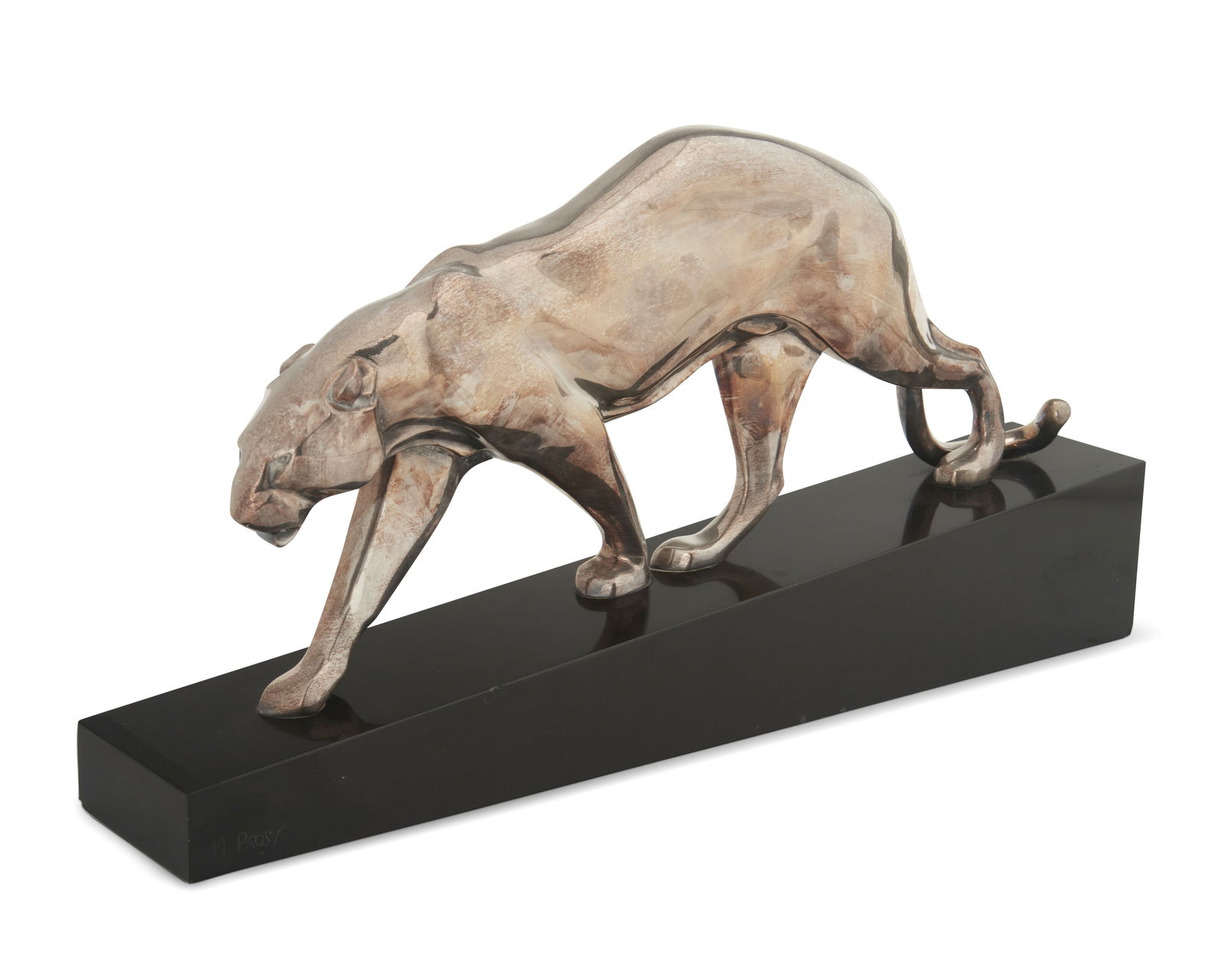 Maurice Prost (1894-1967), "Panther Marchant," Silvered patinated bronze mounted on a slate plinth,: Maurice Prost(1894-1967)"PanthEre marchand"Silvered patinated bronze mounted on a slate plinthWith the incised signature to the base: M. Prost12.5" H x 4.375" W x 24.75" D