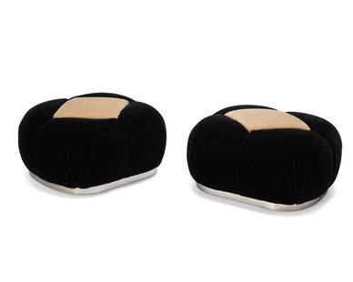 A pair of Sally Sirkin Lewis for J. Robert Scott upholstered pouffes: A pair of Sally Sirkin Lewis for J. Robert Scott upholstered pouffesLate 20th centuryEach marked to underside in pencil: JRSEach with black velvet upholstery and contrasting beige velvet upholstered c