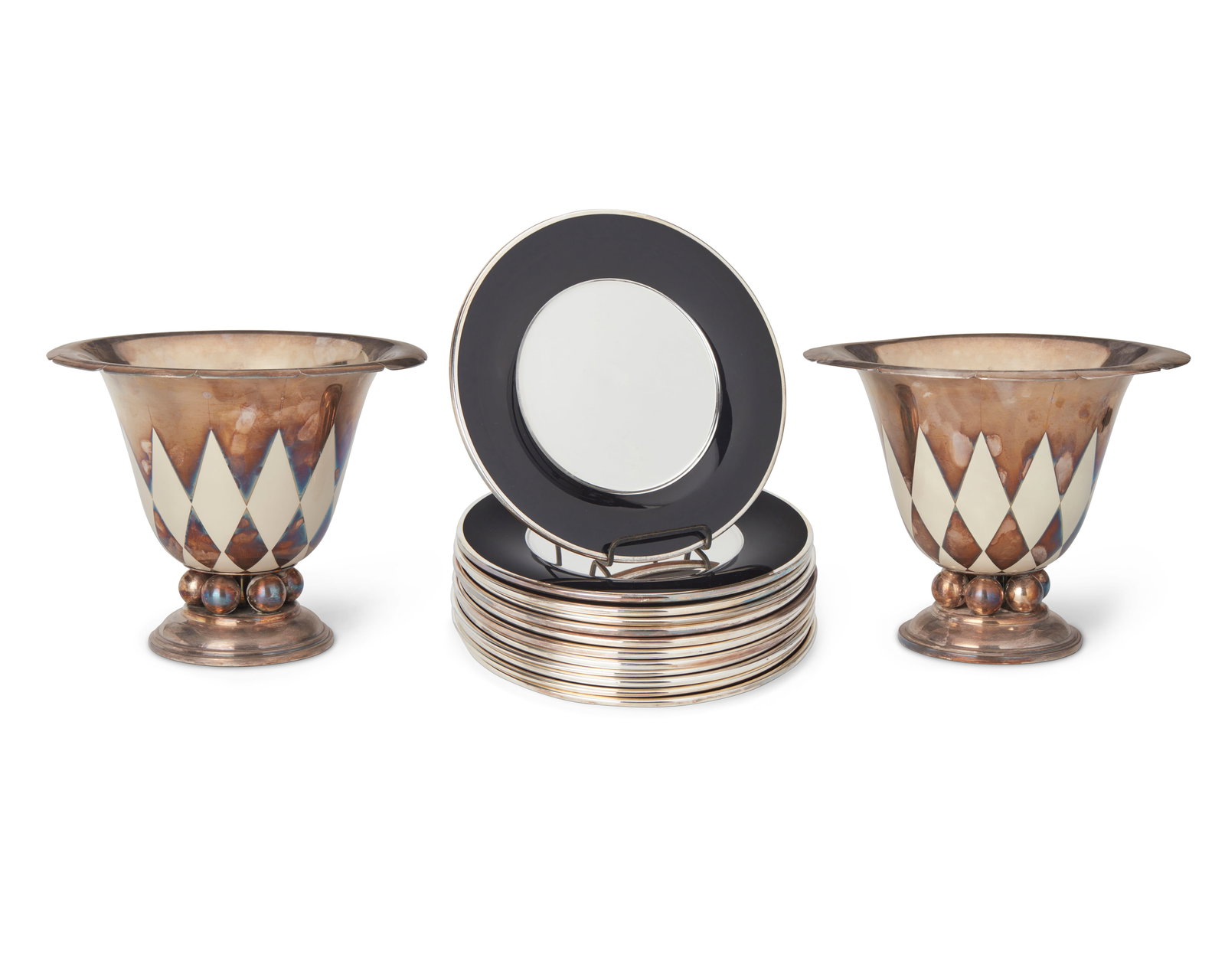 Two French silver-plated vases and plate set (1 of 6)