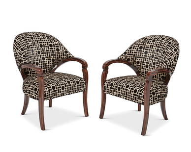 A pair of Sally Sirkin Lewis for J. Robert Scott armchairs: A pair of Sally Sirkin Lewis for J. Robert Scott armchairsLate 20th century; CaliforniaEach with cloth label to the underside: J. Robert ScottEach with lacquered mahogany frame with scrolled arms, rou