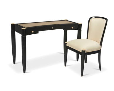 A Sally Sirkin Lewis for J. Robert Scott desk and chair: A Sally Sirkin Lewis for J. Robert Scott desk and chairLate 20th centuryThe Art Deco Revival black lacquered wood desk with faux ivory accents, pulls, and escutcheon, featuring a rounded front and ins