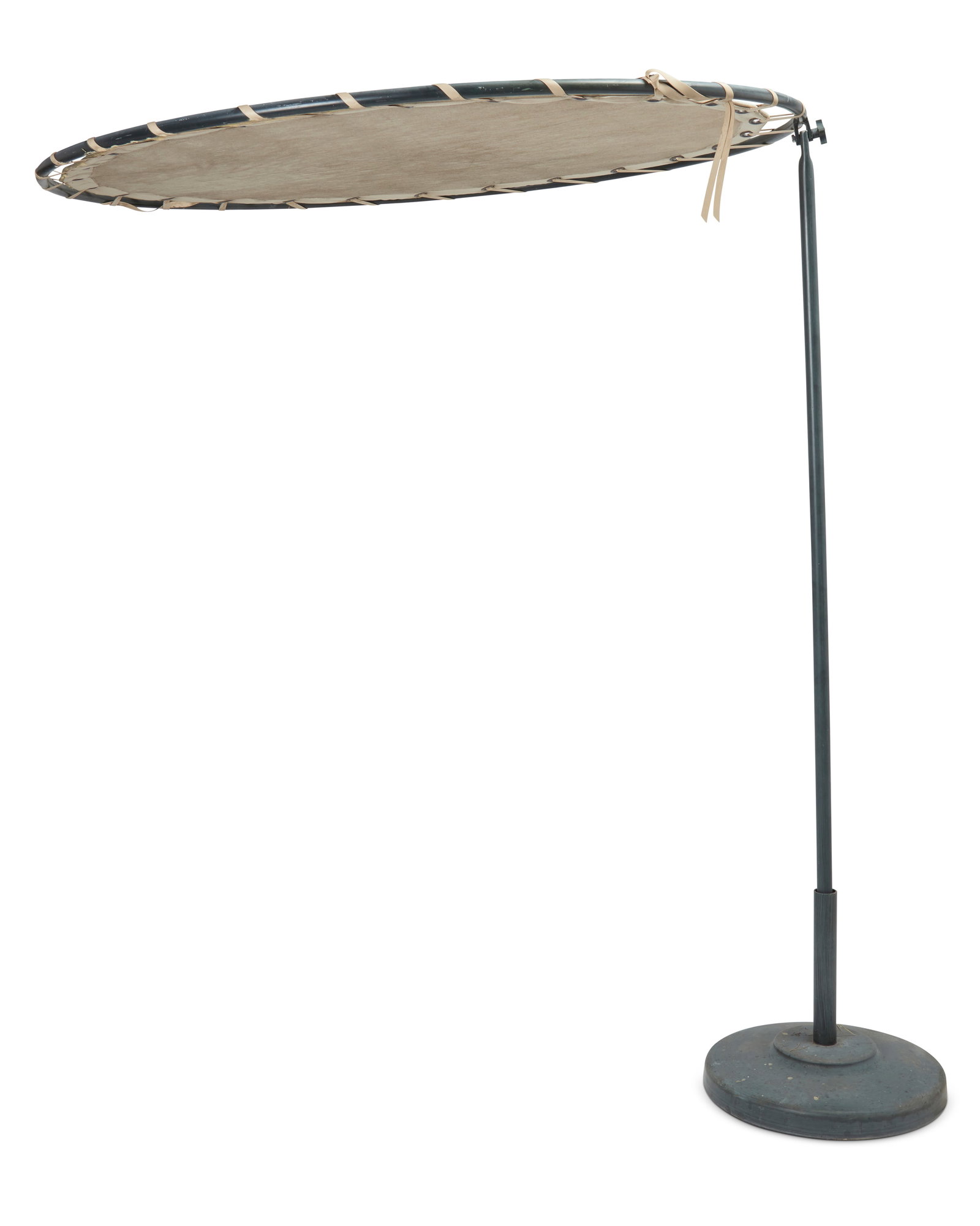 A modern Brown Jordan Inc. circular patio sunshade: A modern Brown Jordan Inc. circular patio sunshade Mid/late 20th century Marked with a foil tag: [Brown Jordan logo]; further marked with the model number: 1982112 With a riveted canvas shade lashed o