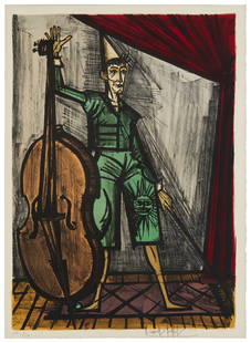 Bernard Buffet (1928-1999), "Clown Violoncelliste," 1969, Lithograph in colors on paper, Image: 27": Bernard Buffet(1928-1999)&quot;Clown Violoncelliste,&quot; 1969Lithograph in colors on paperEdition: 112/120Signed and numbered in pencil in the lower margin: Bernard BuffetImage: 27&quot; H x 18.5&qu