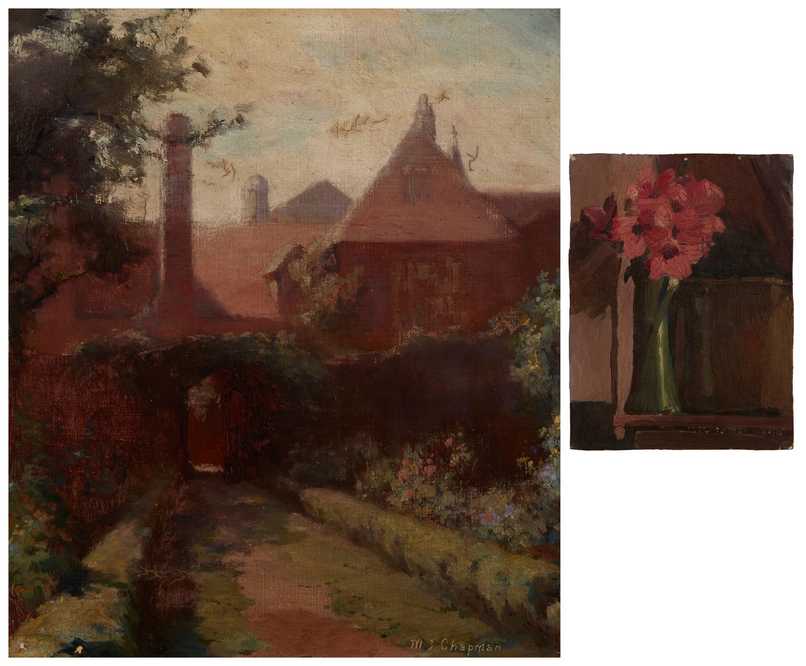 Minerva Josephine Chapman (1858-1947), Path leading to a house; and Vase of flowers, 1910, Two oils (1 of 10)