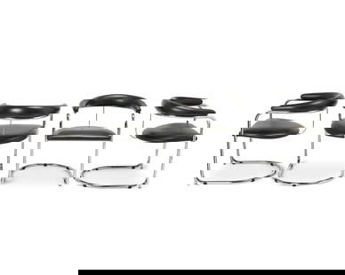 A set of Anton Lorenz-style armchairs: A set of Anton Lorenz-style armchairsLate 20th centuryEach with Gordon International tag to undersideAfter Anton Lorenz (1891-1964), the tubular chromed metal chairs of curvilinear cantilevered form w