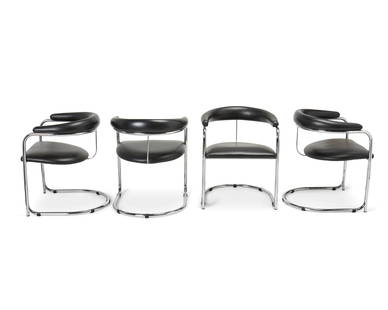 A set of Anton Lorenz-style armchairs: A set of Anton Lorenz-style armchairsLate 20th centuryEach with Gordon International tag to undersideAfter Anton Lorenz (1891-1964), the tubular chromed metal chairs of curvilinear cantilevered form w