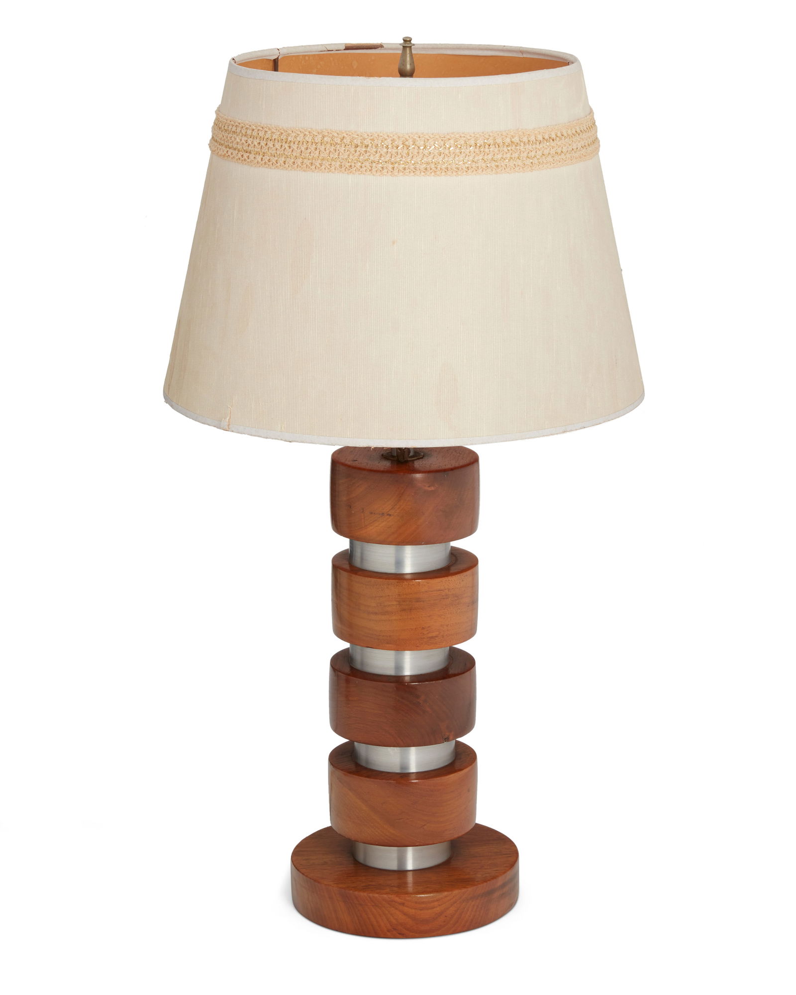 Russel Wright (1904-1976), A teak and aluminum cylinder table lamp, mid-20th century, 21.5" H x 13": Russel Wright (1904-1976)A teak and aluminum cylinder table lamp, mid-20th centuryDesigned circa 1935Appears unmarkedThe single-light lamp with alternating, stacked teak and aluminum cylinders, electr