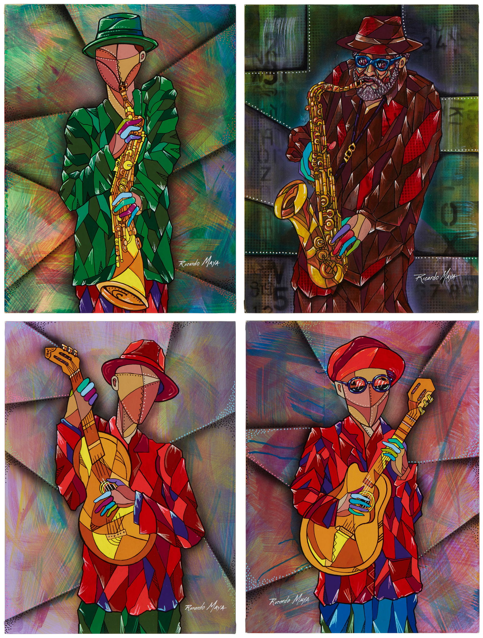 Ricardo Maya (b. 1969), Four jazz musicians, Each acrylic on artist board, Each: 16" H x 12" W (1 of 14)