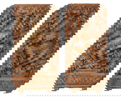 A pair of South Indian wood carvings of Shiva and Parvati: A pair of South Indian wood carvings of Shiva and Parvati19th century or laterEach appear unmarkedThe two panels, which likely served as decoration for "Rathas" or temple chariots used to ca