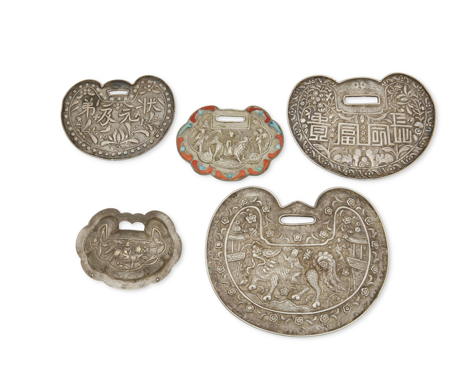 Five Chinese silver flat lock medallions (1 of 2)