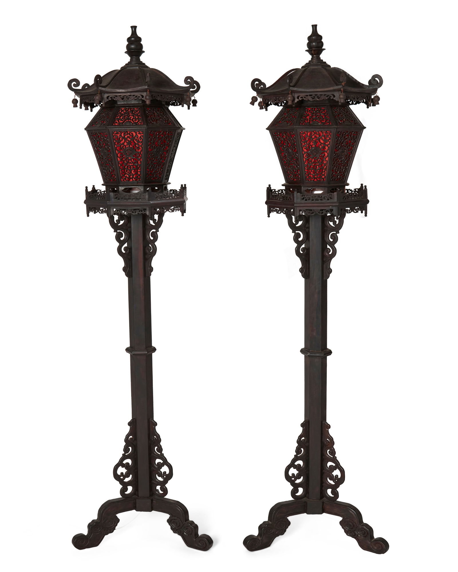 A pair of Chinese carved wood lanterns on stands (1 of 9)