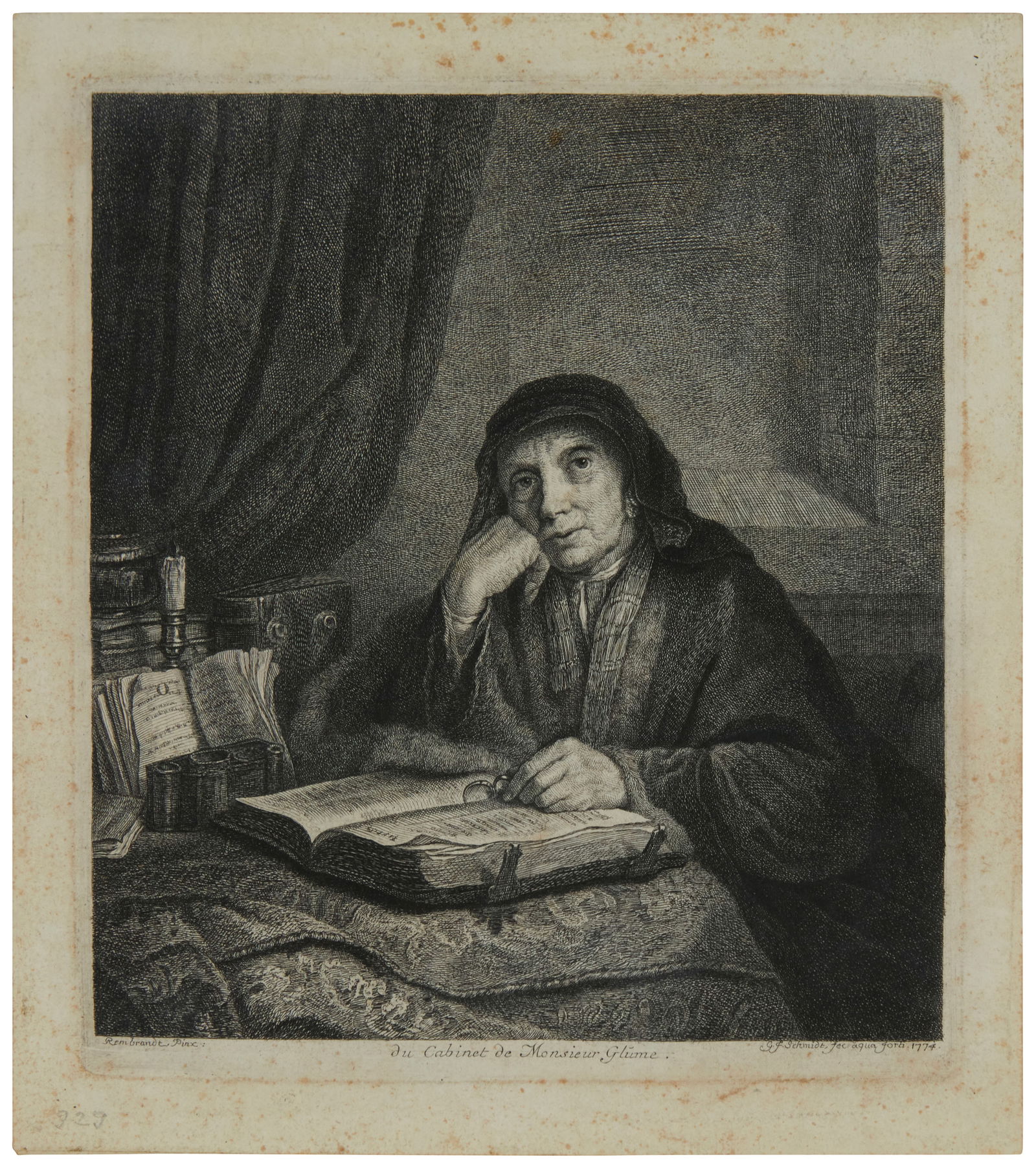 Georg Friedrich Schmidt (1712-1775), "Rembrandt's Mother," after Rembrandt van Rijn, Etching on laid: Georg Friedrich Schmidt(1712-1775)"Rembrandt's Mother," after Rembrandt van RijnEtching on laid paperFrom the edition of unknown size and dateInscribed in the plate: Rembrandt Pinx, du Cabin