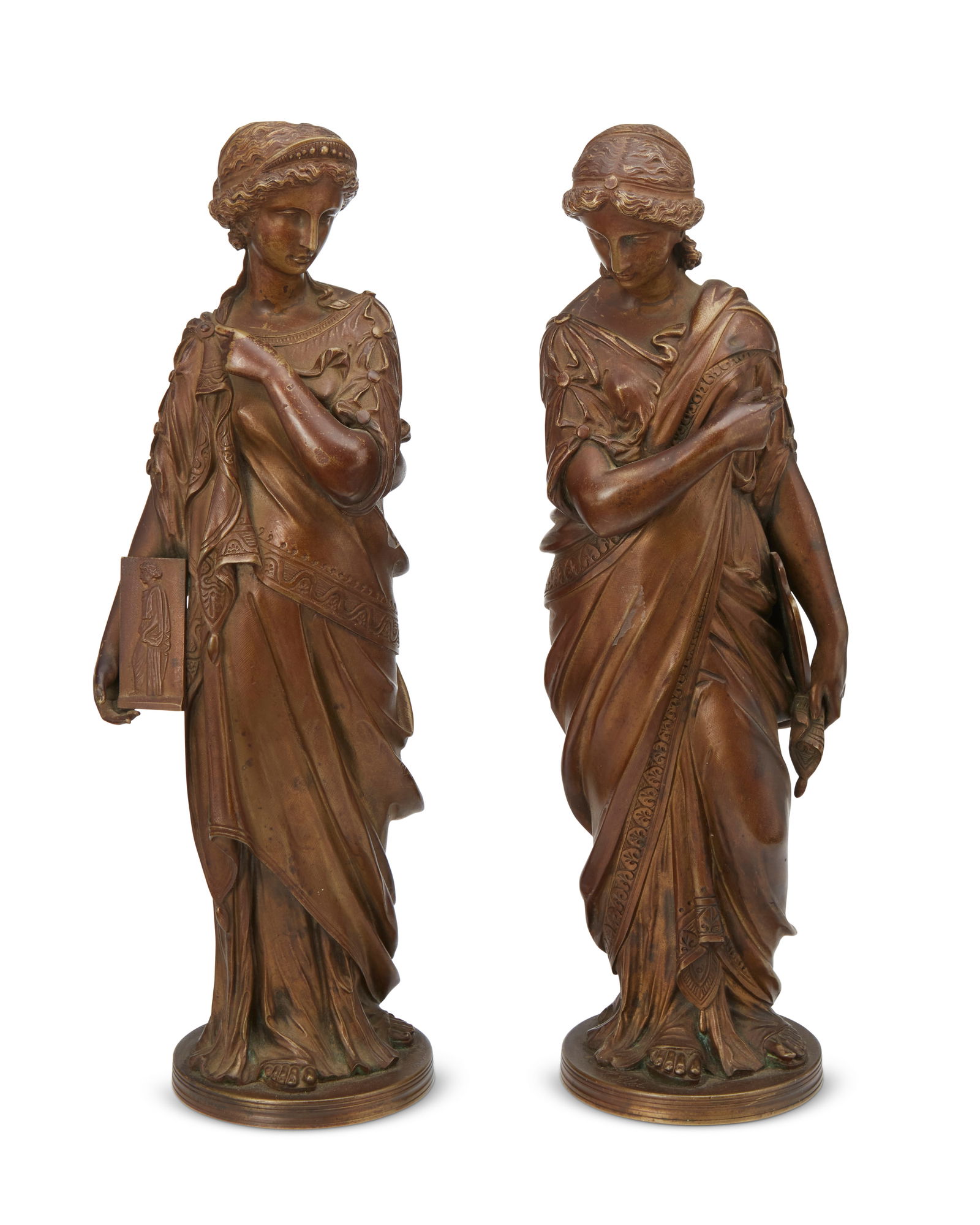 After LEon Pilet (1840-1916), Classical maidens, Patinated bronze, Each: 12" H x 4" W x 3.5" D (1 of 6)