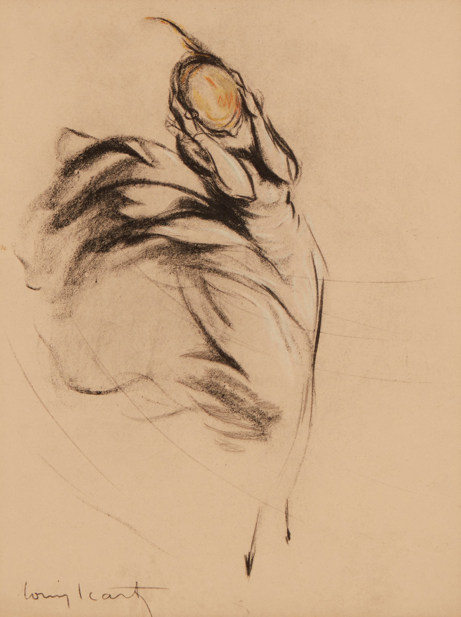 Attributed to Louis Icart (1888-1950),Woman holding her hat from the wind, Charcoal on beige paper,: Attributed to Louis Icart (1888-1950) Woman holding her hat from the wind Charcoal on beige paper Signed lower left: Louis Icart Sight: 16.5" H x 12.5" W